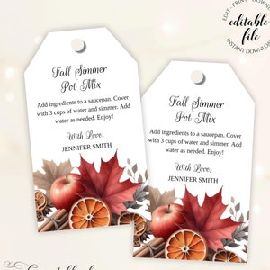 Può includere: Etichette regalo stampabili a tema autunnale. Le etichette presentano una mela rossa, bastoncini di cannella, fette d'arancia e foglie autunnali. Il testo sulle etichette recita "Fall Simmer Pot Mix" e include istruzioni per la preparazione del mix. Le etichette sono progettate per essere stampate e regalate.