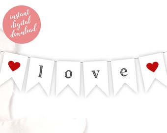 Printable Love Banner With Hearts, Simple Mini Love Bunting For Cake Toppers, Wedding Decor or Valentine's Day, Instant Download