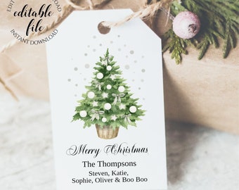 Editable Merry Christmas Gift Tag, Christmas Tree and Snow Holiday Present Favor Tag Template, Instant Digital Download
