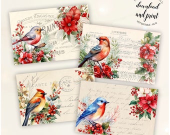 Afdrukbare vintage kerst/vakantie-ansichtkaarten, wintervogels junk journal digitaal collageblad, scrapbookkaarten, instant download