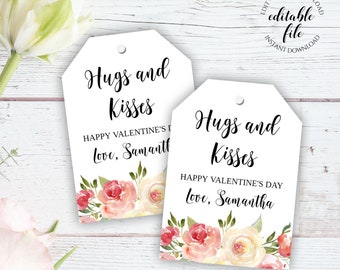 Valentine's Day Gift Tag Template, Hugs and Kisses Gifts for Friends, Teacher, Neighbor, Baked Goods, Sweets, Candy Editable Tag