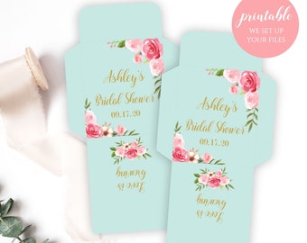 Custom Tea Bag Envelopes,Printable Love is Brewing Mint, Pink and Gold Tea Cover Holders, For Bridal, Baby Shower or Wedding