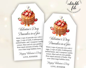 Valentijnsdag pannenkoeken in een pot tag sjabloon, bewerkbare Mason Jar pannenkoek mix gunst tag, Valentijnscadeaus voor leraren, buren, download