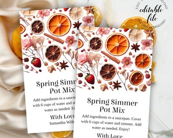 Summer Simmer Pot Gift Tag Template, Bewerkbare Stovetop Potpourri Tag voor lentegeschenken, sinaasappelen, kaneel, roze bloemen, digitale download