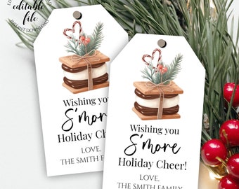 Printable Christmas S'mores Gift Tag Template, Editable Smores Holiday Cheer Tag for DIY Gifts, Teachers, Neighbors, Digital Download