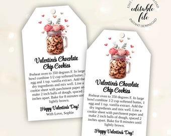 Cookies in a Jar Tag, Valentijnsdag Mason Jar Chocolate Chip Cookie Mix Tag Template, Bewerkbare Tag voor vrienden en leraren, Download