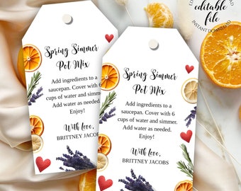 Spring Simmer Pot Gift Tag Template, Editable Simmering Pot Tag For Summer Gifts, Oranges, Lavender, Lemons, Instant Digital Download