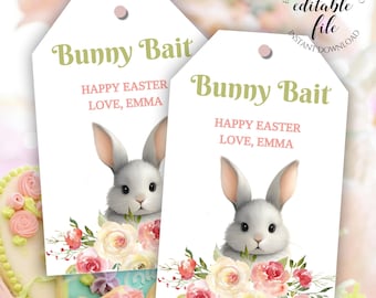 Paascadeau-tagsjabloon, bewerkbare Bunny Happy Easter-tag, konijn en bloemen behandelen tag voor vriend, leraar, buurman, afdrukbaar