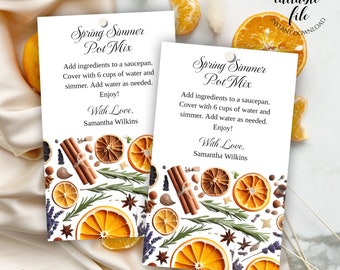 Summer Simmer Pot Gift Tag Template, Editable Stovetop Potpourri Tag For Spring Gifts, Oranges, Lavender, Rosemary, Instant Digital Download