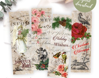 Printable Vintage Christmas / Holiday Bookmarks, Digital Collage Sheet for DIY Gifting, Instant Download