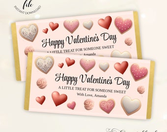 Valentijnsdag chocoladereep wrapper sjabloon, bewerkbare candy bar wrapper, roze harten, cadeaus voor vrienden, leraren, buren, afdrukbaar