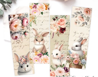 Printable Easter Bookmarks, Vintage Style Bunnies, Spring Rabbits and Flowers Digital Collage Sheet, Instant Digital Download