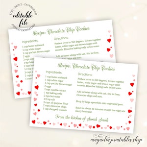 Scheda ricetta modificabile per San Valentino, modello di ricetta con piccoli cuori rosa e rossi, biscotti, caramelle, regali di prodotti da forno 4 x 6, download digitale