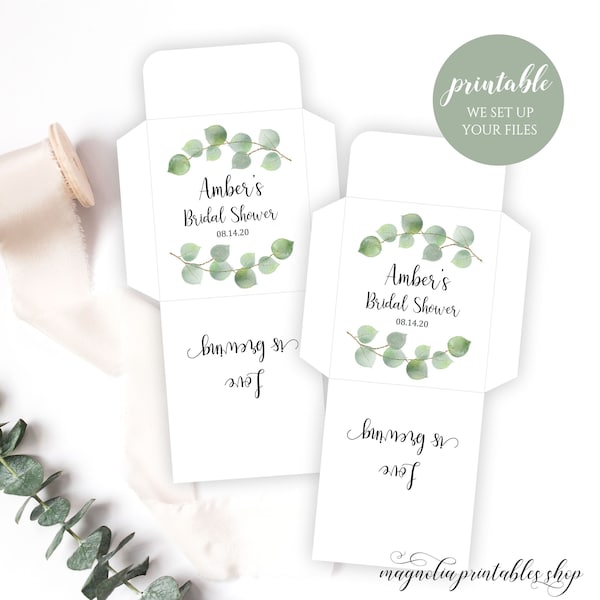 Sobres de bolsitas de té personalizados, soportes de cubierta de té de eucalipto verde imprimibles Love is Brewing, para novias, baby shower o bodas