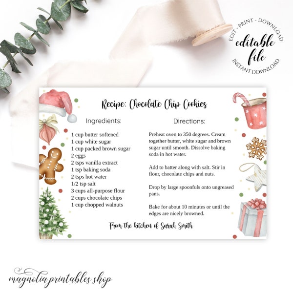 Editable Christmas Recipe Card, Festive Cookie Exchange Template, Christmas or Holiday Baked Goods 4 x 6, Digital Download