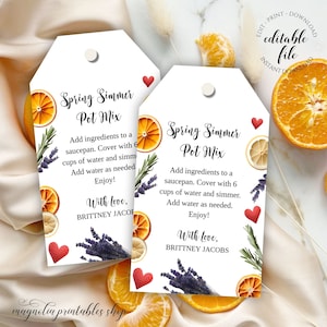 May include: Two white gift tags with a floral design and the text "Spring Simmer Pot Mix". The tags include instructions for making a pot mix, with a list of ingredients and directions. The text "With Love, Brittney Jacobs" is at the bottom of each tag.
