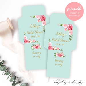 Envelopes personalizados para saquinhos de chá, porta-copos Love is Brewing para impressão, menta, rosa e dourado, para noivas, chás de bebê ou casamentos