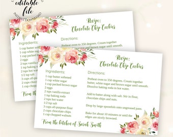 Editable Valentine's Day Recipe Card, Pink Blush Flowers Recipe Template, Cookies, Candy, Baked Goods Gifts 4 x 6, Digital Download