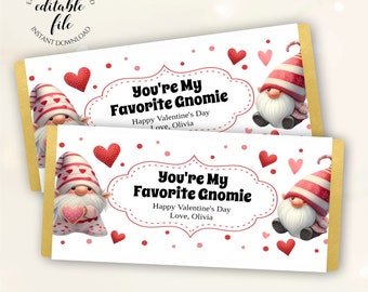 Valentijnsdag Gnome Chocolate Bar Wrapper Template, bewerkbare Candy Bar Wrapper, mijn favoriete Gnomie, cadeaus voor vrienden, leraren, afdrukbaar