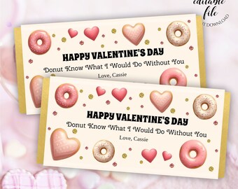 Valentijnsdag chocoladereep wrapper sjabloon, bewerkbare candy bar wrapper, roze donuts, cadeaus voor vrienden, leraren, buren, afdrukbaar