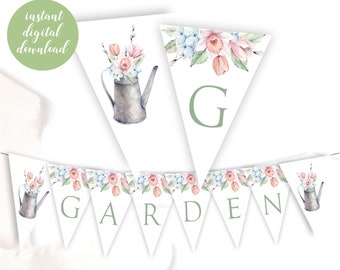 Printable Spring Banner, Floral Gardening Bunting, Home and Garden Party Decor Garland, Instant Digital Download