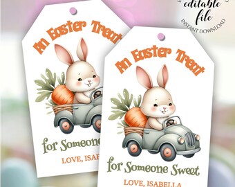 Easter Gift Tag Template, Editable Easter Treat for Someone Sweet Tag, Vintage Bunny In a Truck, Easter Basket Tag, Printable