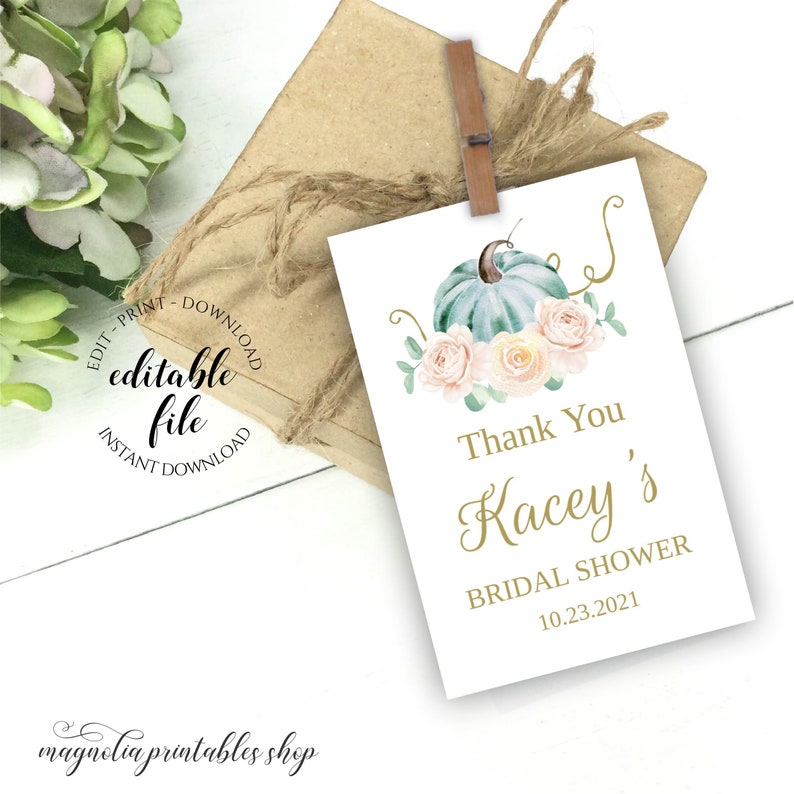 Fall Bridal Shower Favor Tag Template Blue Pumpkin Blush Etsy