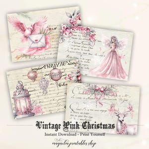 Druckbare Vintage rosa Weihnachten, Urlaub Postkarten, Wintervogel, Rentier, Fairy Junk Journal Digital Collage Sheet, Scrapbook, bedruckbar