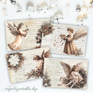 Cartões postais de Natal/feriado para impressão, itens efêmeros de anjo vintage, folhas de colagem digital de diário de lixo, cartões de scrapbook, download instantâneo