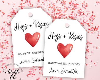 Valentine's Day Gift Tag Template, Hugs and Kisses Gifts for Friends, Teacher, Neighbor, Baked Goods, Sweets, Candy Editable Tag