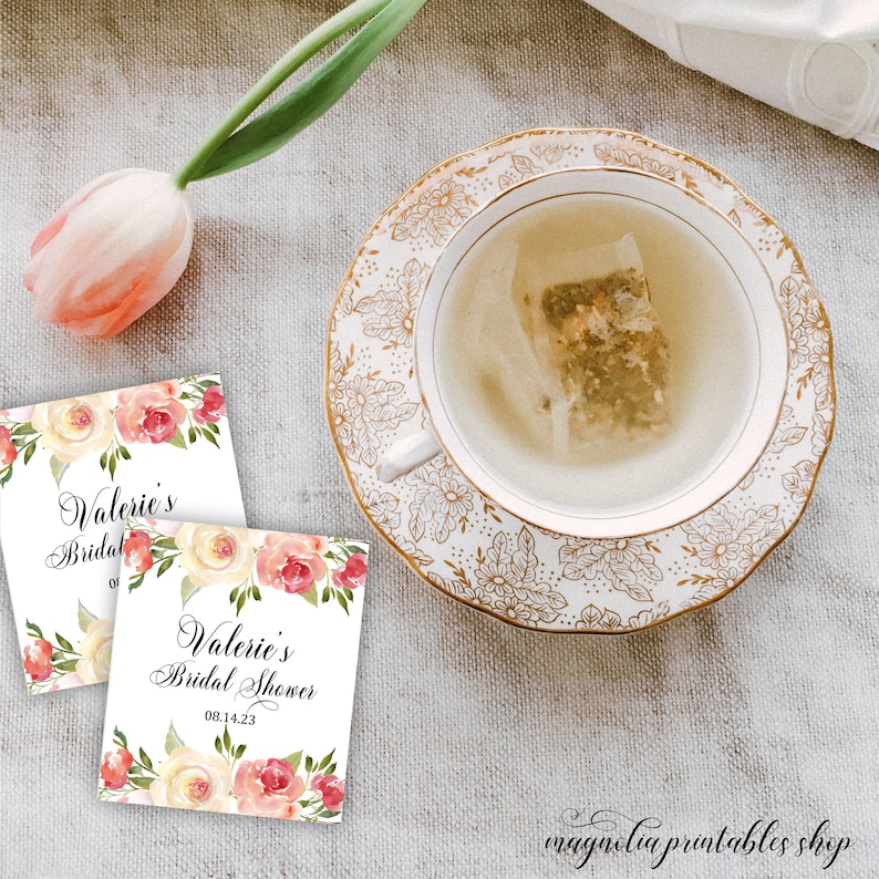 Custom Tea Bag Envelopes, Printable Love is Brewing Blush and Pink Floral Tea Cover Holders, For Bridal, Baby Shower, Wedding, Tea Party image 2