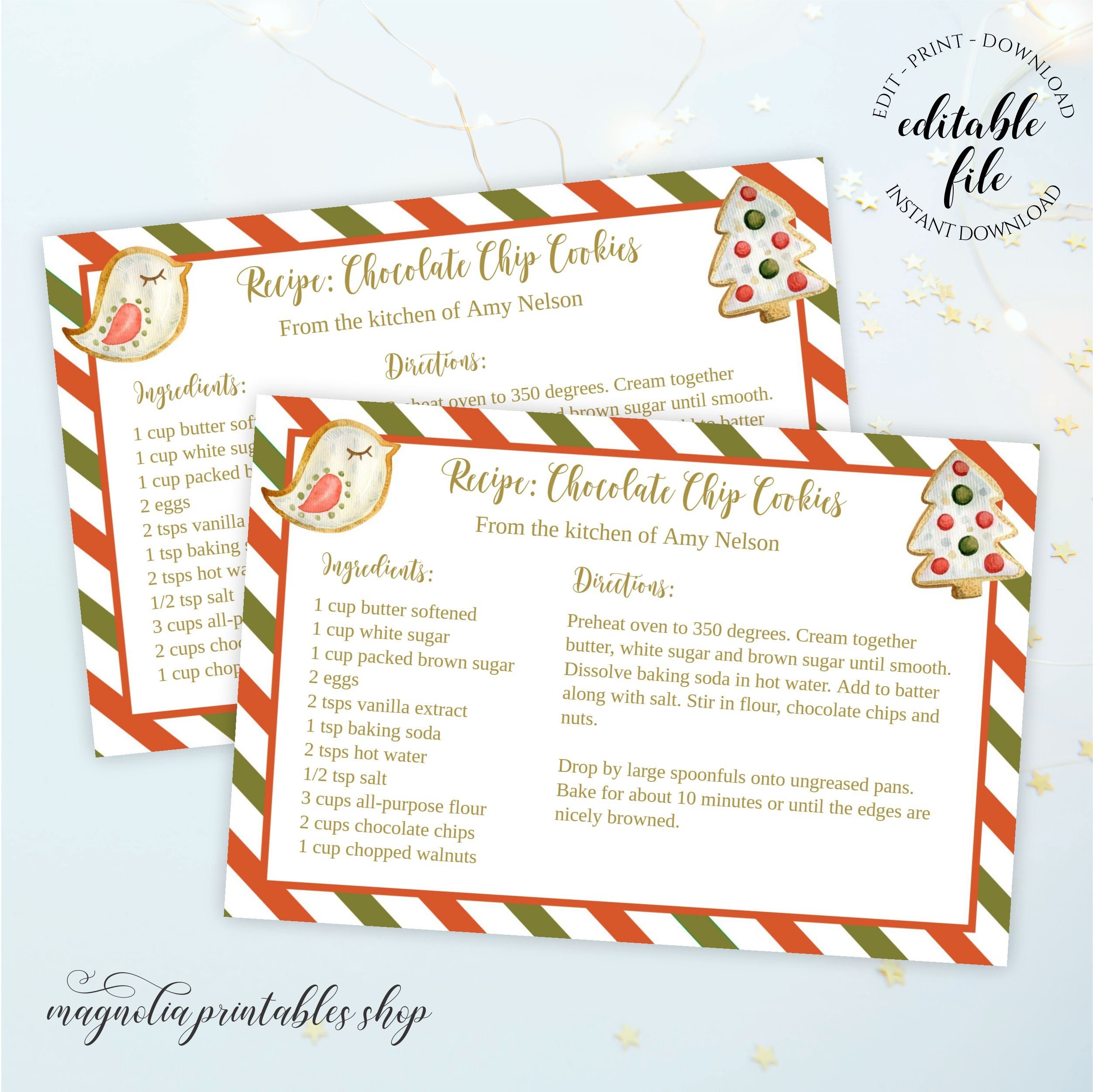 Cookie Exchange Recipe Card Template, Christmas or Holiday Recipe Card