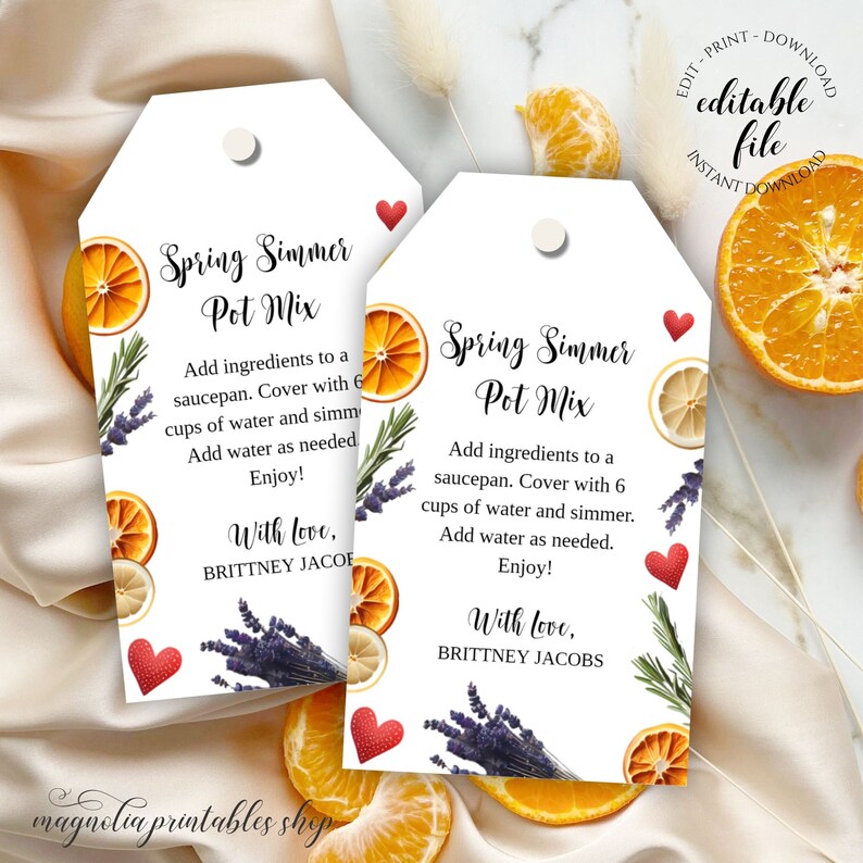 Spring Simmer Pot Gift Tag Template, Editable Simmering Pot Tag For Summer Gifts, Oranges, Lavender, Lemons, Instant Digital Download image 1