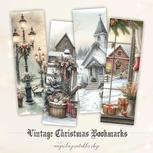 May include: Four vintage Christmas bookmarks featuring winter scenes. The first bookmark shows a snowy street with lampposts decorated with red bows and greenery. The second bookmark shows a basket of Christmas ornaments and a red plaid blanket. The third bookmark shows a white church with a red door and a snowy path. The fourth bookmark shows a window with a view of a snowy house and a red stocking.