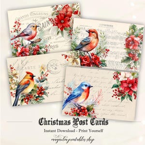Hoja de collage digital imprimible de diario basura con pájaros de invierno, postales navideñas retro, tarjetas de álbum de recortes, descarga instantánea