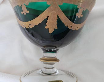 Arte Italica Italy Medici Emerald Green & Gold Large Glass Crystal Compote Bowl