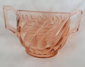 Pink Depression Glass Sugar Bowl with 2 handles - Spiral Pattern