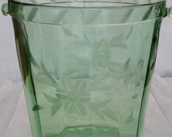 Vintage Depression Glass Etched Art Deco Ice Bucket 1930