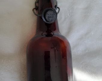 Vintage Amber glass Bottle Hutter Lightning "#2" Metal and rubber Stopper