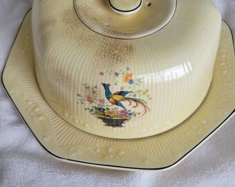 Vintage 1927 Antique Ivory Salem Bird of Paradise Cake Plate with Dome