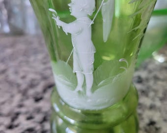 Vintage Mary Gregory green glass vase.