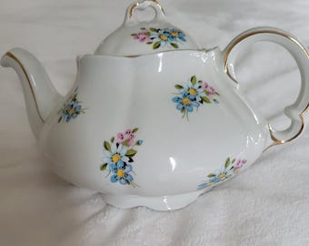 Teapot Ellgreave Wood & Sons Ironstone Delicate Pink and Blue Flowers