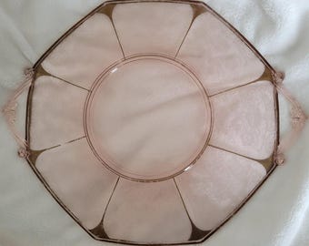Vintage Art Dedo Pink Depression Glass Plate with Gold Gilt