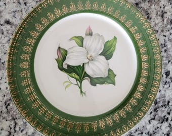 Vintage American Limoges Platter, Forest Green, Trillium Flower