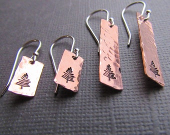 Copper Stick Style Earrings with Stamped Evergreen Tree, Nature Lover Jewelry, Free Shipping, HAndMade Gifts For Her