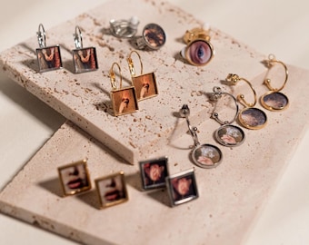 RENAISSANCE. Earrings with square print, drop earrings or clip-on earrings, contemporary jewelry, square and round jewelry, gift for her