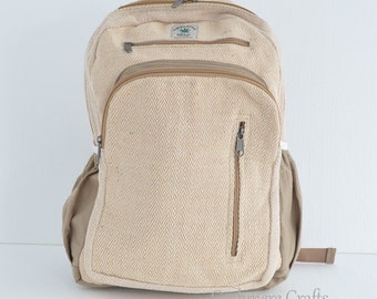 May include: A beige hemp backpack with a zippered front pocket and a brown hemp strap. The backpack has a label that says "Remarkable Hemp" on it.