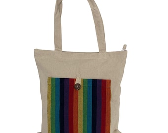 Canvas  Eco-Friendly  Rainbow style Natural Cotton Hemp Tote Bag  Shopping Carry Bag Hemp Bag