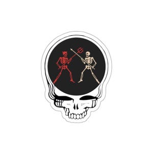May include: A black and white sticker featuring a skull with a red and white skeleton inside. The skeleton is holding a trident and a spear.