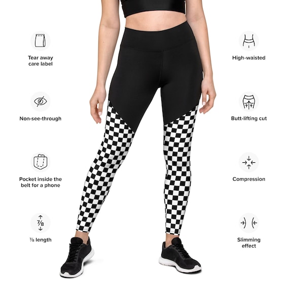 Checkered Print Compression Sports Leggings, Squat Proof Leggings